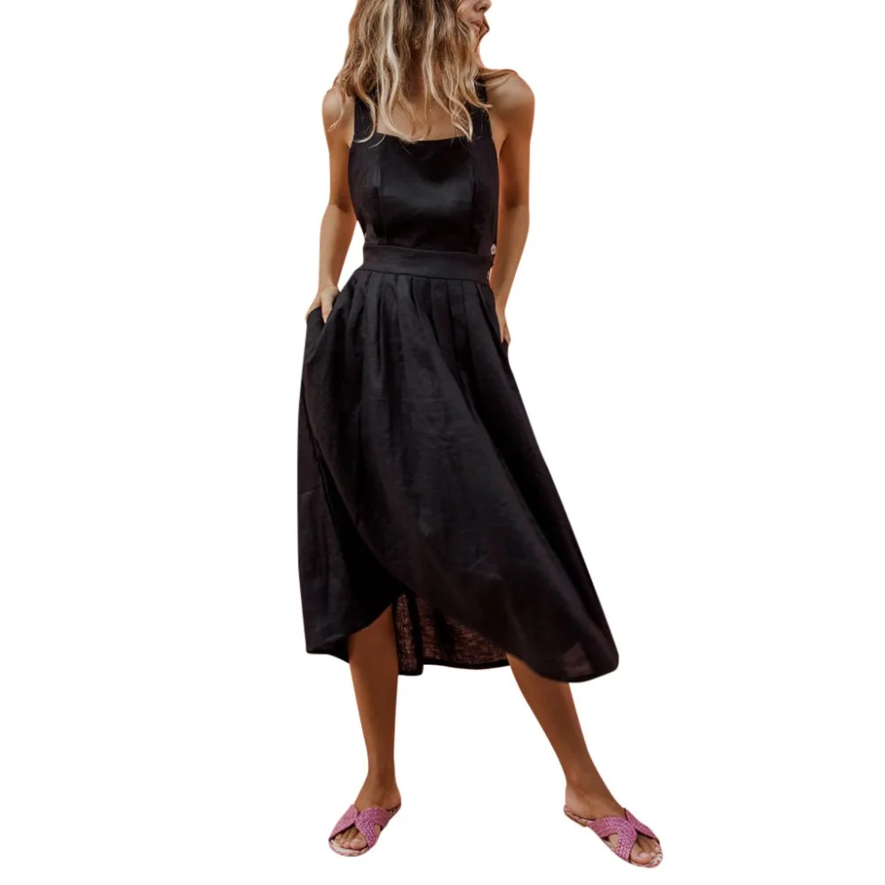 

Dress Women Sexy Strap Snap Buttoned Waist Casual Loose Solid Dress Elegant Women Sexy Sleeveless Slim Long Dresses vestidos BB3