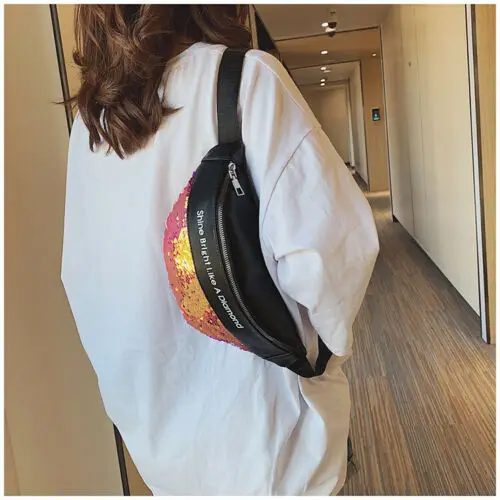 

Women Running Sport Bum Bag PU Pack Ladies Sequined Waist Money Belt Zip Pouch Waist Packs