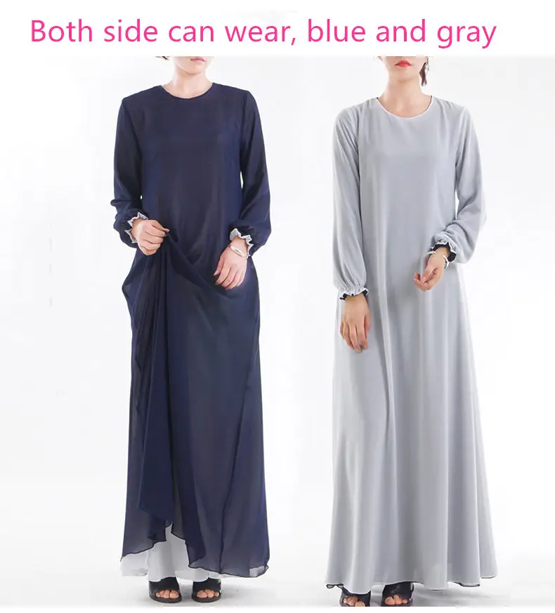 Мусульманская однотонная абайя с обеих сторон может носить Дубай с длинным рукавом платья композитный шелк пряжа Катара турецкая исламская одежда хорошее качество - Цвет: blue gray