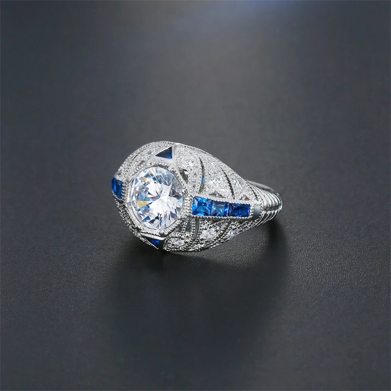 Yanleyu Аутентичные Твердые 925 пробы Серебряное кольцо AAA кубический циркон голубой драгоценный камень свадебные кольца для женщин Винтаж Jewelry PR099
