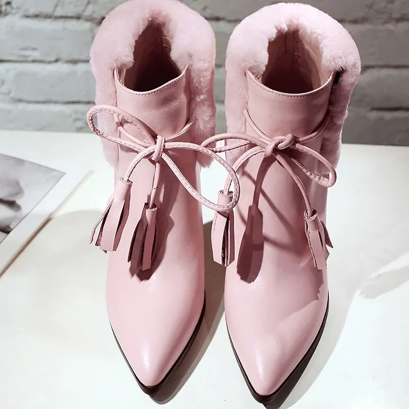 Ankle Boots Real Leather Tassels Shoes Woman  European Women Boots Pointed Toe Fur Winter Boots Autumn High Heel Ladies Shoes