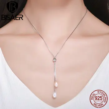 

2019 New Arrival 925 Sterling Silver Sexy Long Necklace White Simulated Pearl Pendant Necklace for Women Sterling Silver Jewelry