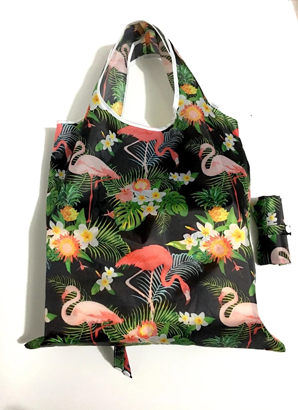 Flamingo Roll UP Polyester green shopping bag foldable tote Reusable Portable Shoulder Folding pouch handbags printing F