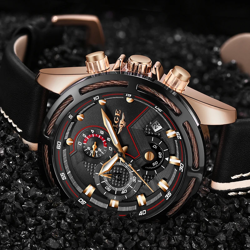 LIGE Watch Men Fashion Sport Quartz Clock Leather Mens Watches Top Brand Luxury Gold Waterproof Business Watch Relogio Masculino