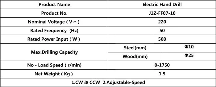 10 мм переменной Скорость Электрические сверла 500 Вт ручной Электрические сверла 0-1750 об./мин. 220-240 В/50 Гц обратимых вращения Функция
