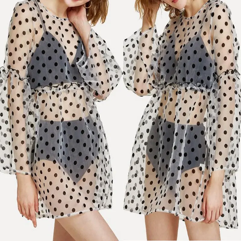 

2018 New Hot Women's Summer Flare Sleeve Perspective Tops Sheer Mesh Fish Net Long Sleeve Fashion Print T-Shirts