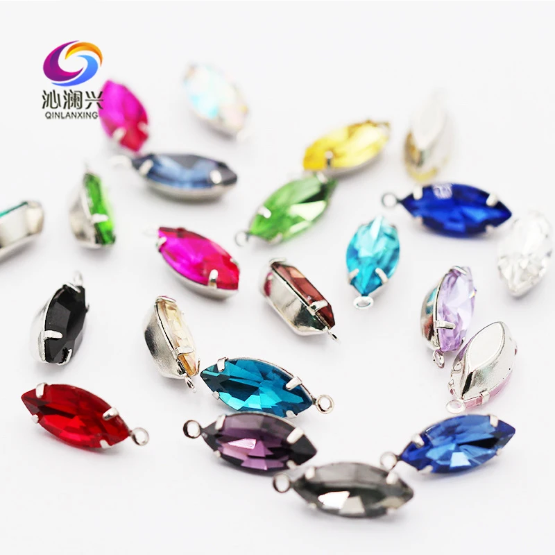 

7x15mm 20pcs/bag eye shape crystal glass flatback sew on stones with hole,Silve/gold bottom rhinestones diy Clothing accessories