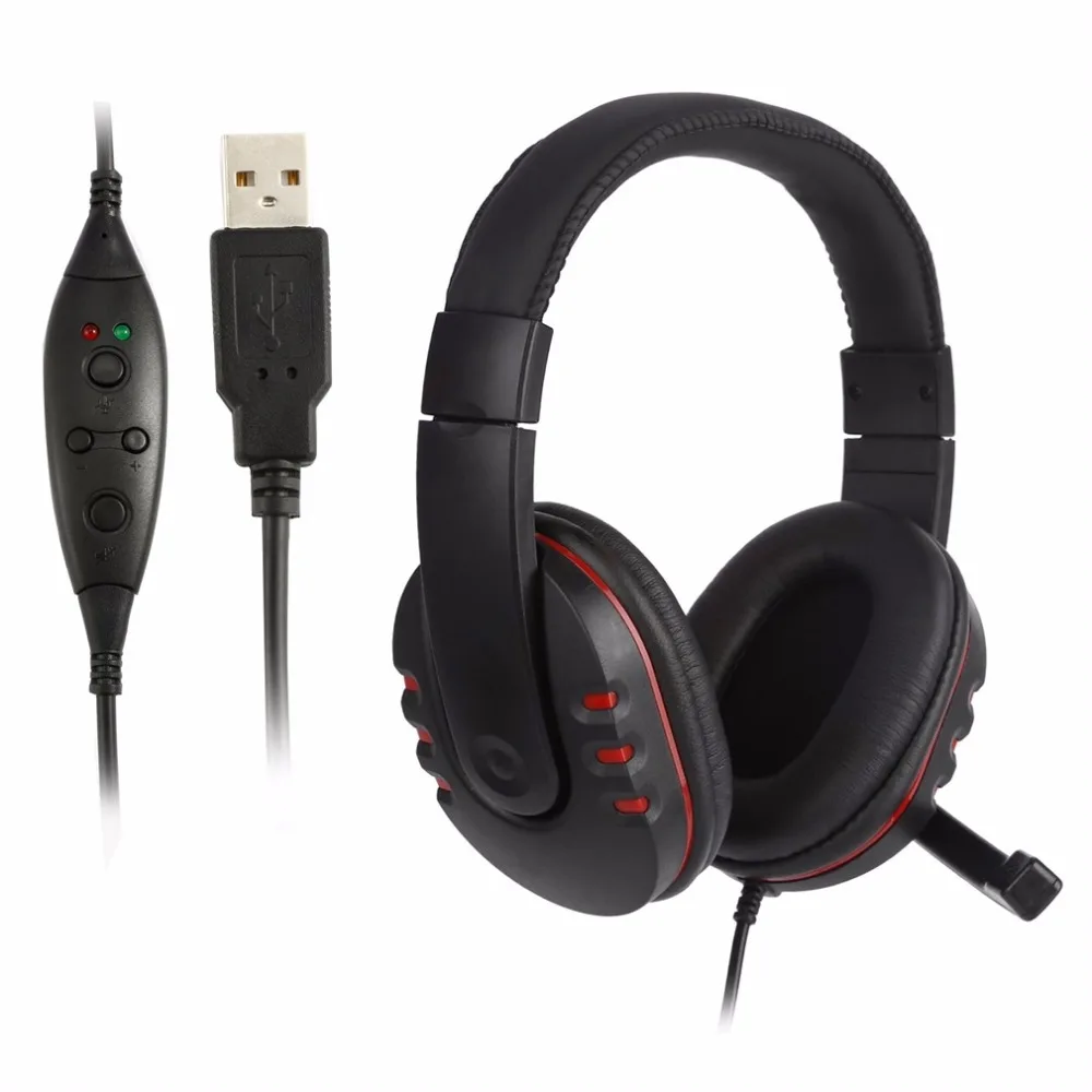 Handsfree Mic Headset Leather USB Wired Stereo Micphone Headphone