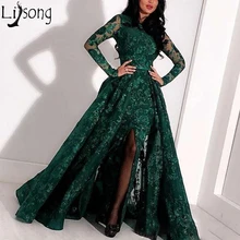 Long Sleeve Mermaid Prom Dresses With Detachable Skirt Full Lace Applique Front Split Evening Gowns Sequined Formal Dress