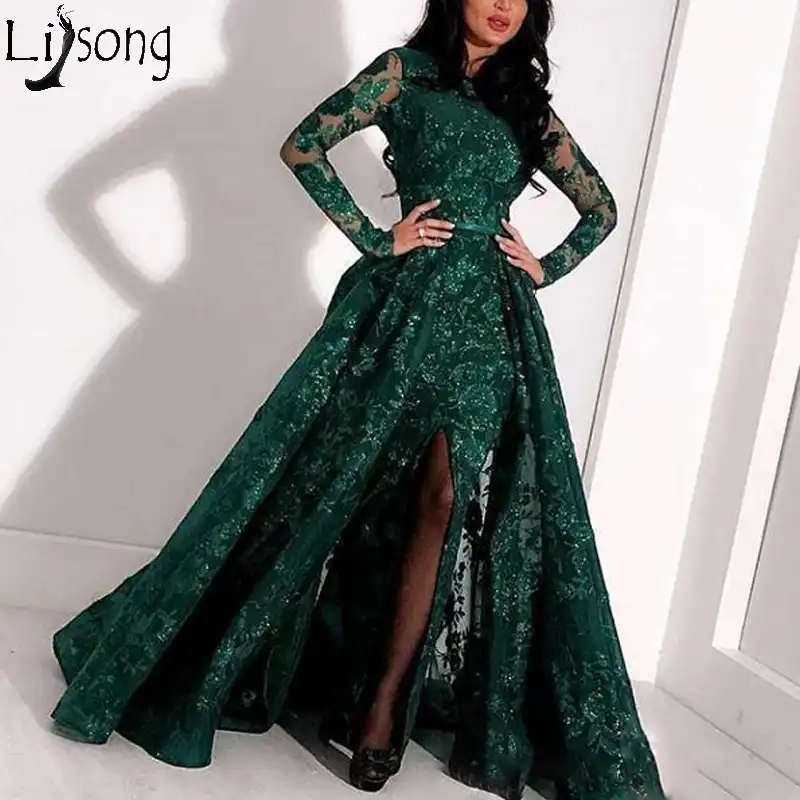 long sleeve split leg prom dress