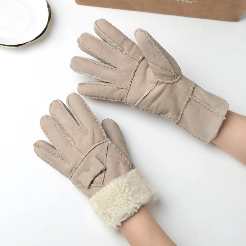 

Winter leather glove green red Sheepskin fur woman beige gloves for Riding