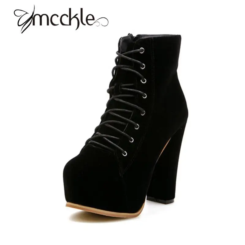 

MCCKLE 2016 Autumn Winter Boots Women Chunky Heels Ankle Boots Ladies Suede Booties Platform Round Toe Lace up Fashion Boots