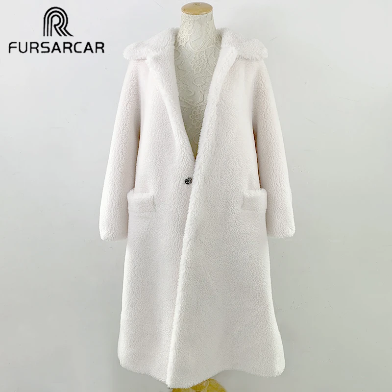 

FURSARCAR 2019 New Long Coat Fleece Jacket Winter Warm Teddy Coat Cardigan Office Lady Sexy Women Wool Blends Overcoat Plus Size