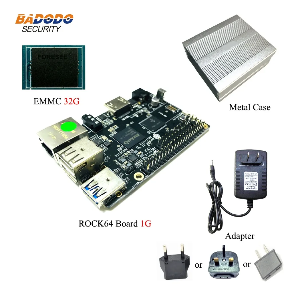 ROCK64 PINE64 ТВ-приставка Android Linux медиа-макетная плата+ 1 ГБ/2 ГБ/4 ГБ LPDDR3+ 16 GB/32/64 Гб памяти на носителе EMMC+ металлический чехол+ 5V 3A адаптер переменного тока