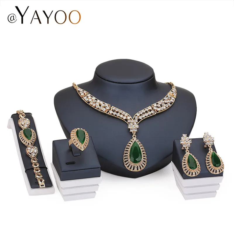 

Gold Color Imitation Crystal African Beads Jewelry Sets For Women Wedding Dress Accessories Bridal Set Earrings Necklace Rings