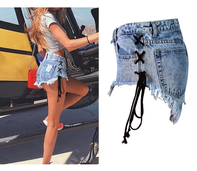 2017 Europe and the United States women's high waist open-style quilts Slim wear fringed snowflakes double banded ladies denim shorts (3)
