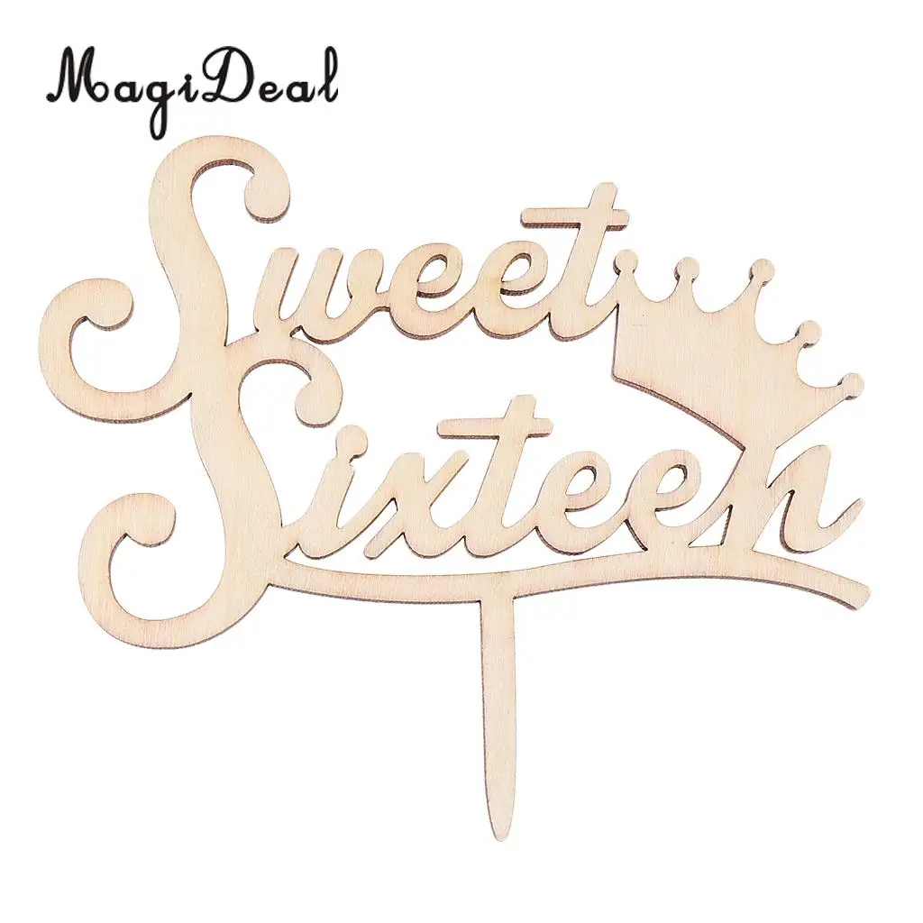 MagiDeal Delicate Design 1Pc Rustic Wooden Sweet Sixteen Cake Topper 16th Birthday Party Cake Decoration 15.5 x 13 x 0.4cm Brown