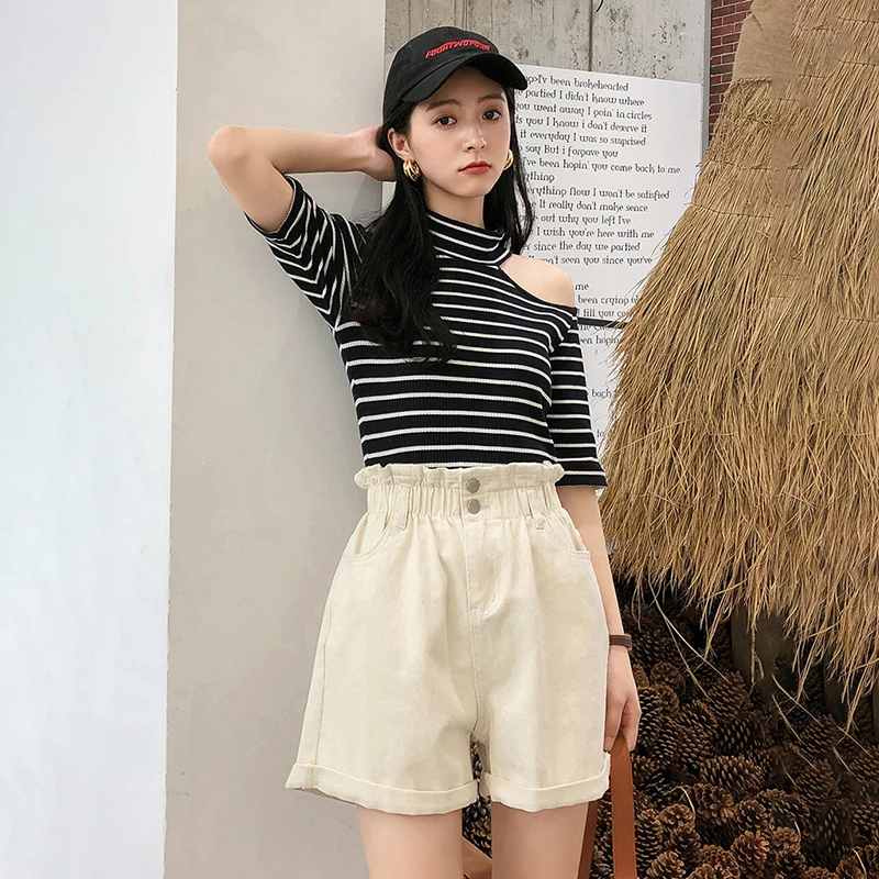 

Jeans shorts Women High Waist Wide legs in spring and summer 2019 new Korean Version show thin A word simple Fashion Short 7635