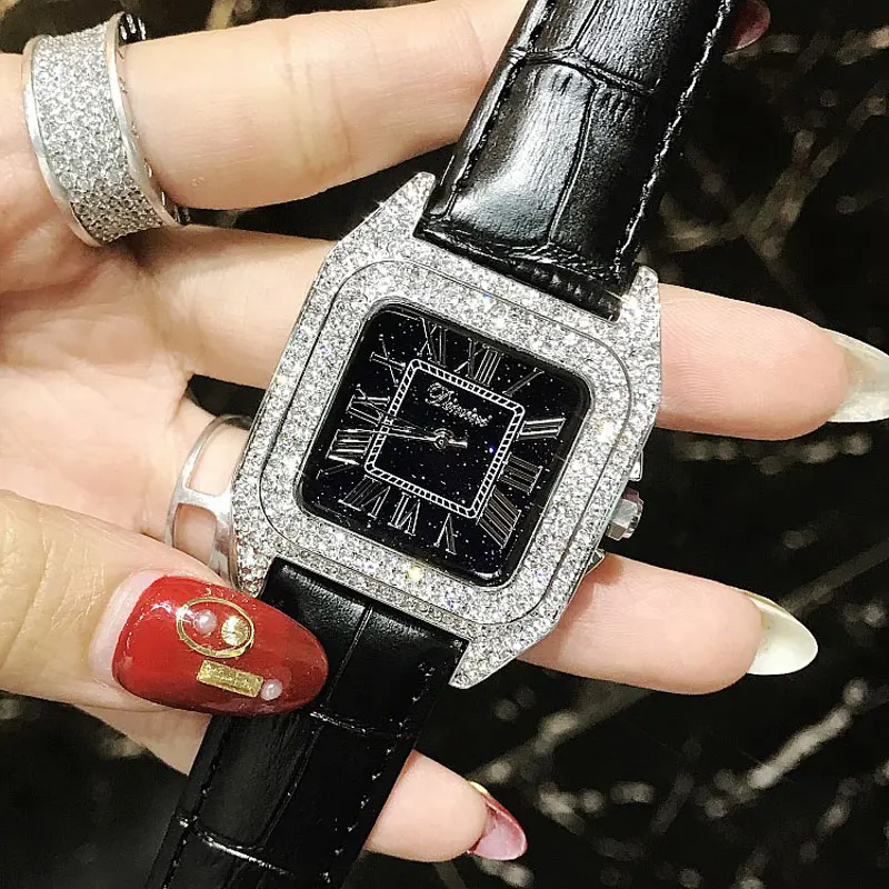 

Luxury Full Diamond Women Square Watches Ladies Fashion Leather Strap Rhinestone Quartz Watch Silver Crystal Female Clock New