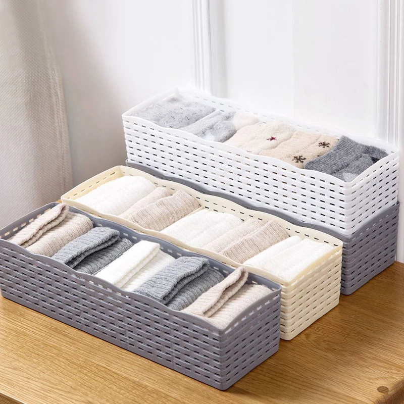 

3 PCS Storage Box Basket 5 Grids Socks Underwear Drawer Organizer Plastic Women Wardrobe Storage Boxes Makeup Container Desktop