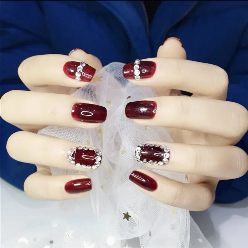 

Fashion Wine Red Fake Small Diamond 24pcs Medium Square false Nails Bride Detachable With Glue DIY Artificial Nails Tips