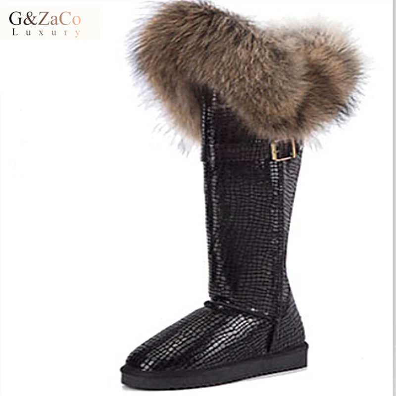 G&Zaco Winter Genuine Leather Snow Boots Natural Fox Fur Knee High