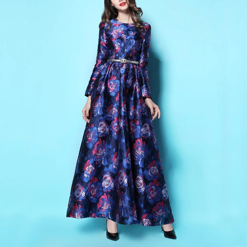 

New Fashion Spring Autumn Women's Long Sleeve Print A Line Dress Elegant Jacquard Slim Maxi Long Floor-length Dress Plus Size