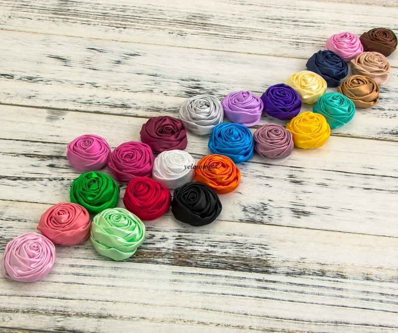 10pcs/lot 5cm 20colors Hair Clips Handmade Rolled Soft Satin Rose Flowers Artifcial Solid DIY Fabric Flowers For DIY Headband