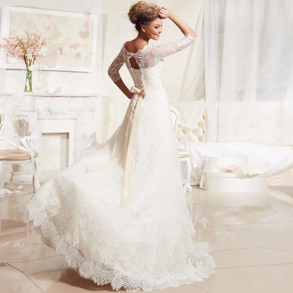 Vestidos-de-noiva-manga-curta-Lace-Wedding-Dresses-A-Line-Bandage-Bridal-Gowns-Belt-Scoop-Trouwjurken (1)