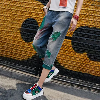 

Women Holes Punk Harem Pants Vintage Cropped Jeans Casual Elastic Waist Denim Trousers