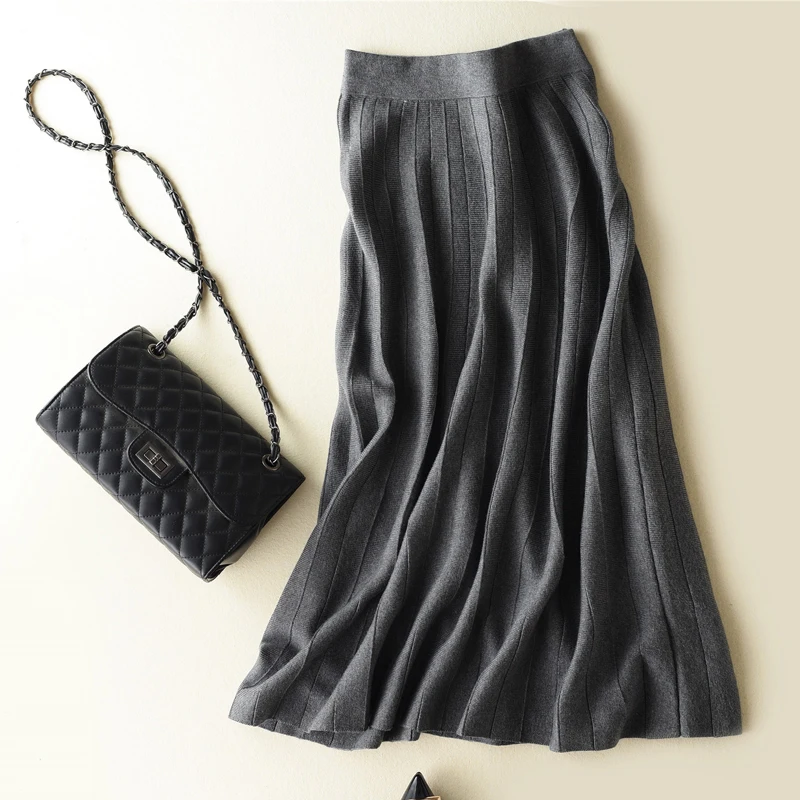 

BELIARST 18 Spring and Autumn New Pure Cashmere Knit Skirt Woman Long Pure Color High Saist Wild Leisure Large Swing Skirt