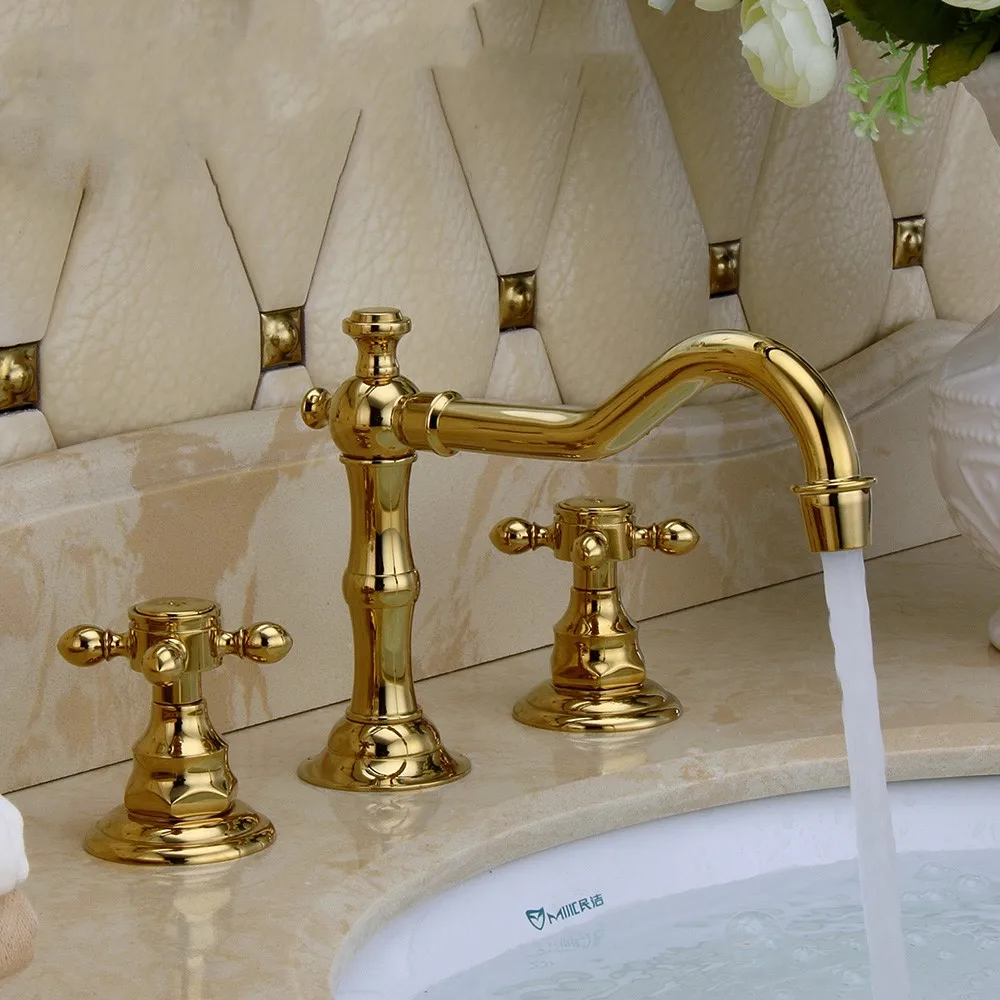Luxury Gold Brass 3 Hole Widespread Bathroom Basin Faucet Tub Sink Mixer Tap 