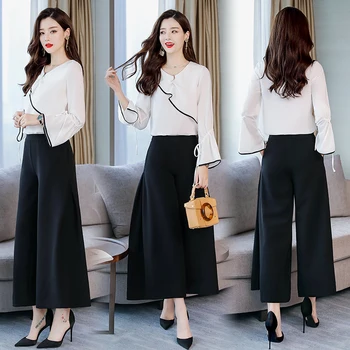 

Large Size 2 Piece Set Women Petal Sleeve Conjunto Feminino Year-old Female Costume Pantalon Taille Haute Femme Woman Suit