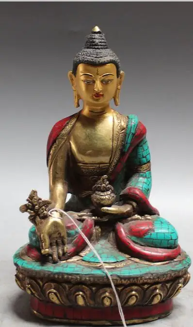 

free 8" Chinese Bronze Gilt turquoise Seat Lotus Menla Medicine Buddha Medical Statue fast