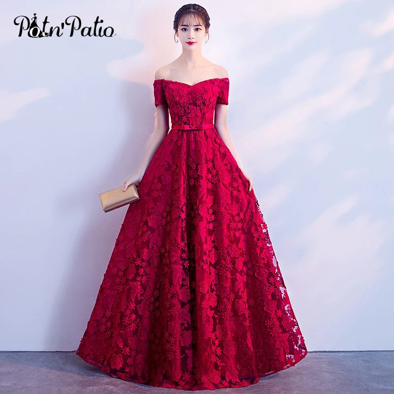 Elegant Red Evening Dresses Long Boat Neck Off The Shoulder Floor-Length Lace Formal Dresses For Women Evening Gowns Plus Size