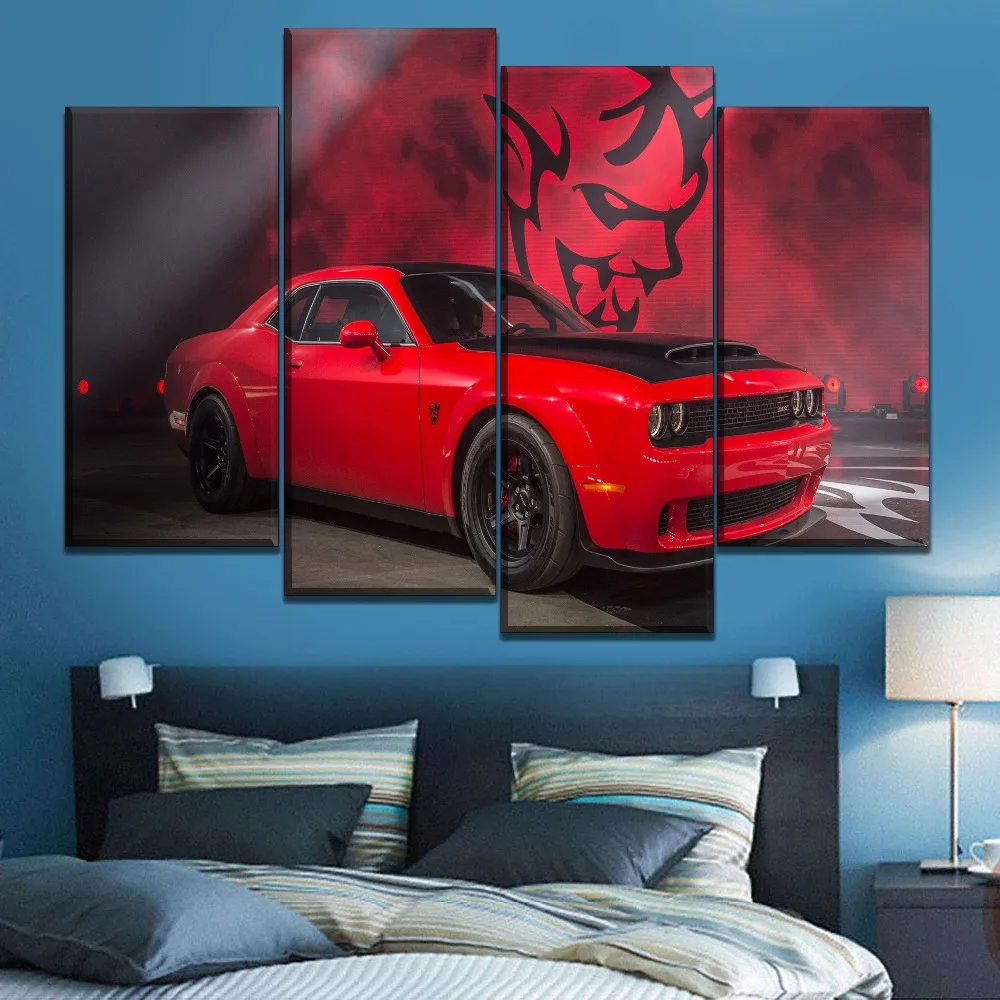 Canvas Modern Picture Home Decoration Red Muscle Car Dodge Challenger Painting Wall Art Prints Poster Modular Frame Living Room