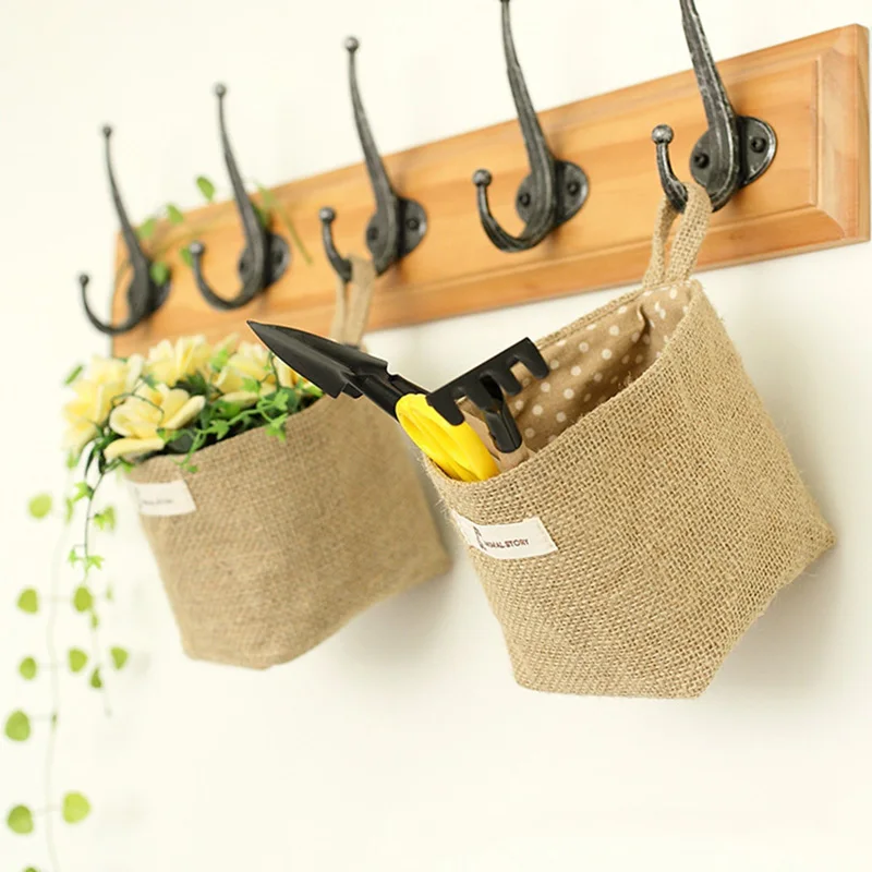 1 Pcs Cotton Linen Hanging Bag Home Gadget Storage Organizer For Flower Pot Small Sack Hanging Jute Dot Striped Storage Basket