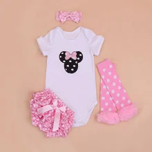 Комплект из 4 предметов, Одежда для новорожденных девочек с героями мультфильмов платье на день Рождения Розовое в горошек атласные шорты повязка на голову, леггинсы для детей от 0 до 24 месяцев