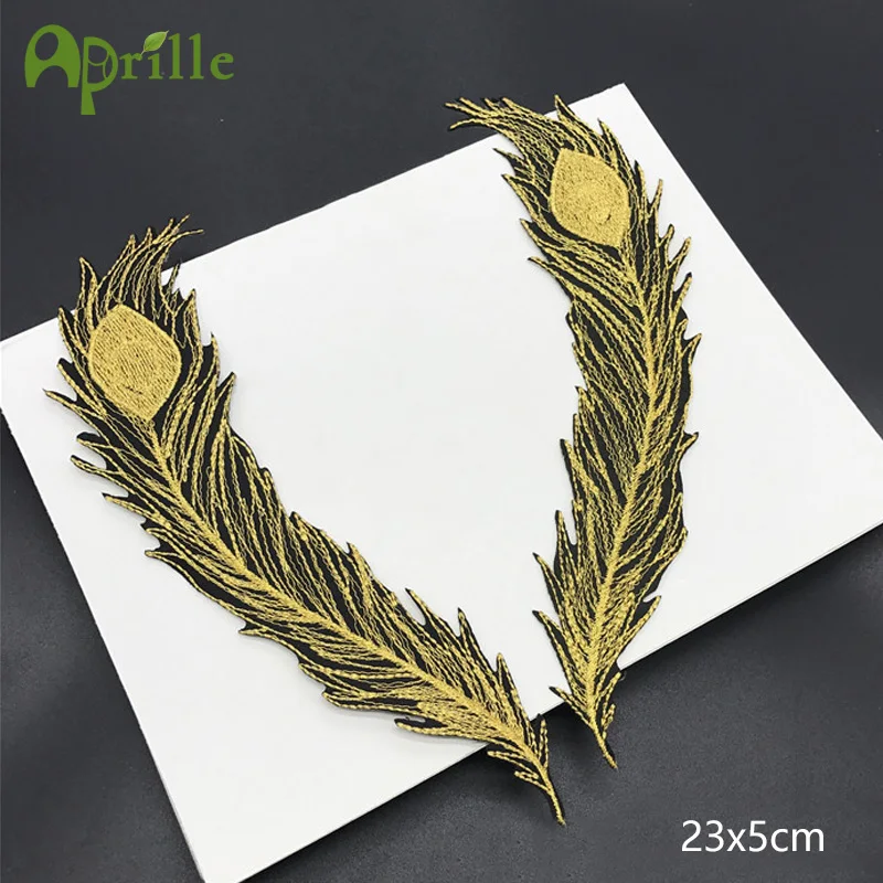 

1 pair embroidered gold peacock wing feather animal bird patches for clothing iron sew on applique for clothes stripe embroidery