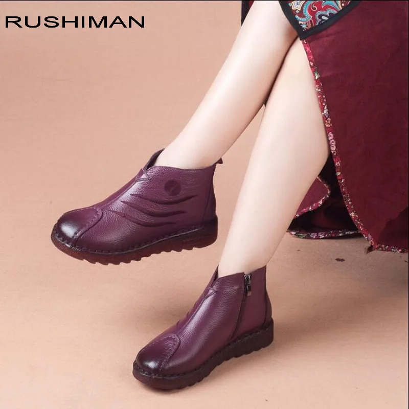 

RUSHIMAN women boots Genuine Leather Ankle Shoes Handmade Mom Women Shoes Round Toes Martin Boots