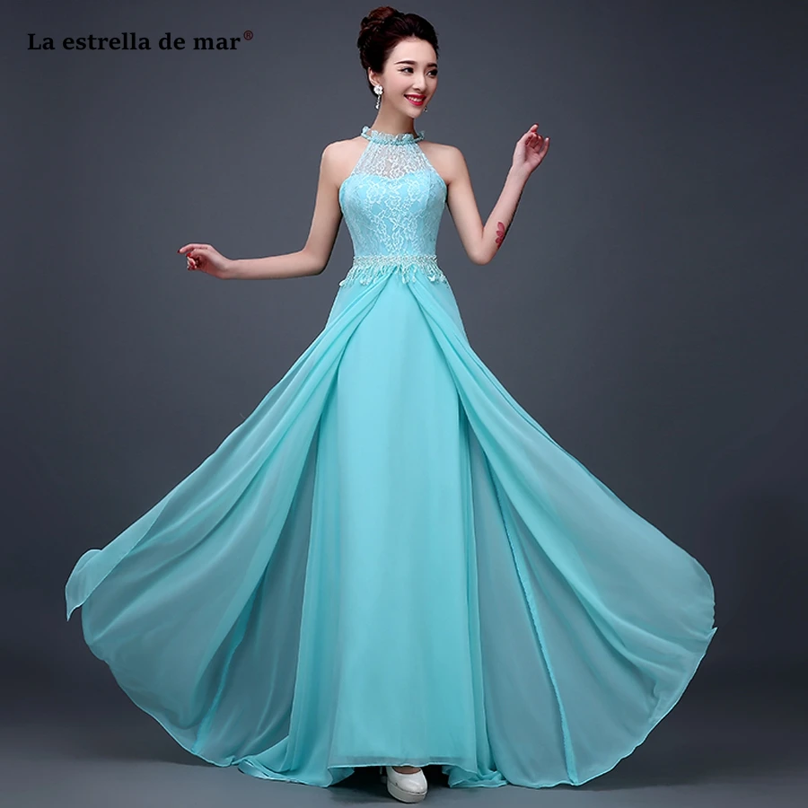 

La estrella de mar vestido invitada 2021 new O neck lace chiffon back open ALine sky blue bridesmaid dress long plus size
