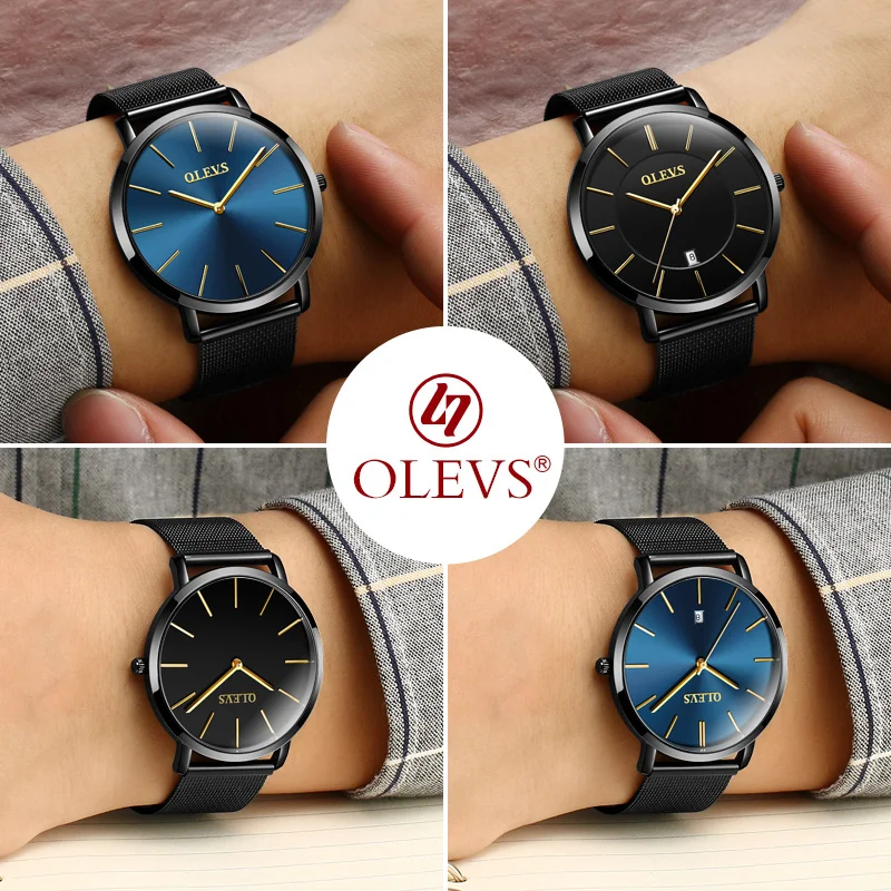 OLEVS, ультратонкие дизайнерские водонепроницаемые часы для мужчин, календарь, стальной сетчатый ремешок, наручные часы с циферблатом, кварцевые деловые мужские часы, подарок