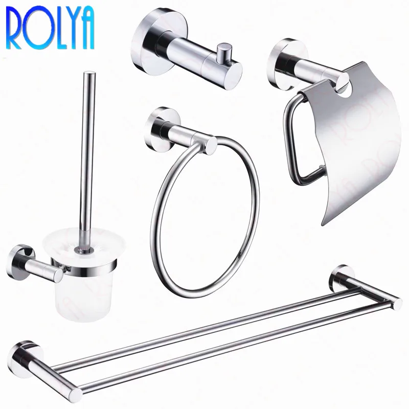 

Rolya Ronda Wall Mount 5Pcs Bath Hardware Set Robe Hook Paper Holder Toilet Brusher Holder Towel Bar Bathroom Accessory Sets