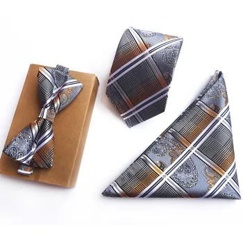

8CM Men Formal Ties Set Fashion Plaids Paisley Bowtie Handkerchief Necktie Sets