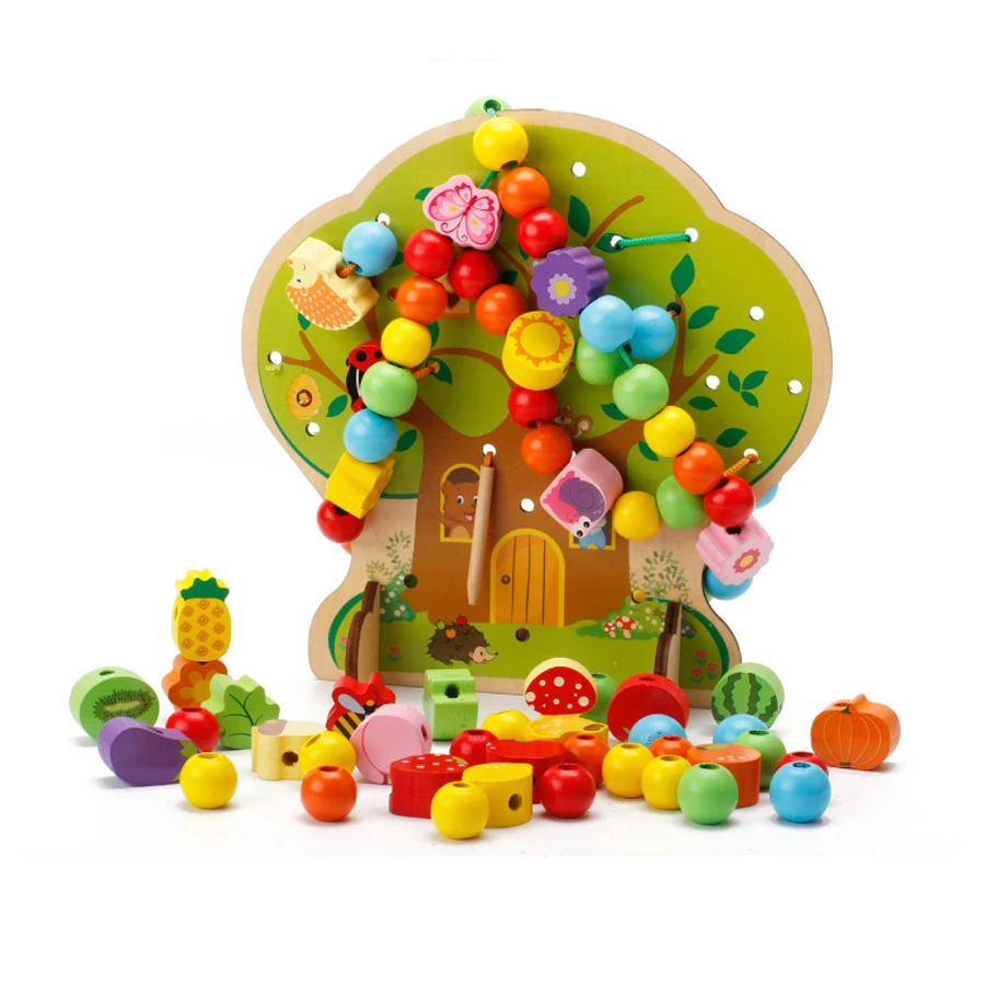 

Wooden Tree Fruit Animal Beads Threading Toys Girls Lacing Wood Toy Learning Education Montessori Toys For Children Kids