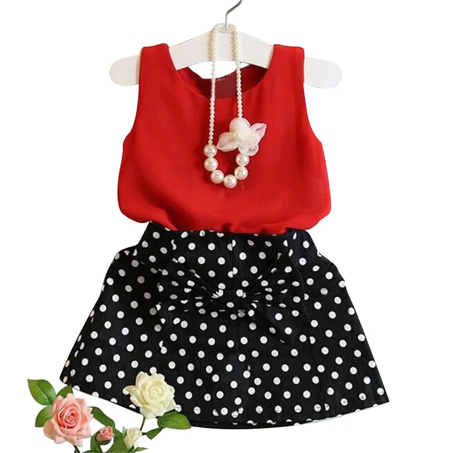 

Girls Clothes 2018 New Summer Girls clothing Sets Sleeveless Chiffon Tops Vest Polka Dot Bowknot Skirt Children Clothing