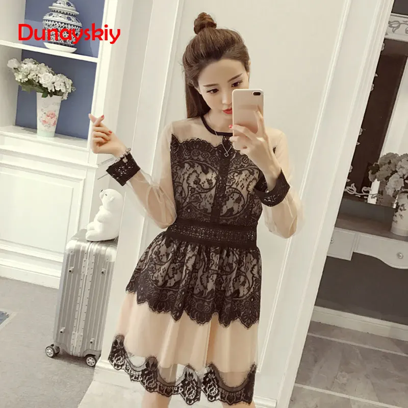 

S-XL Spring Autumn Dress Hollow Out Women Long Sleeve Elastic Waist Floral Crochet Casual Lace Dress Femininas Vestidos Summer