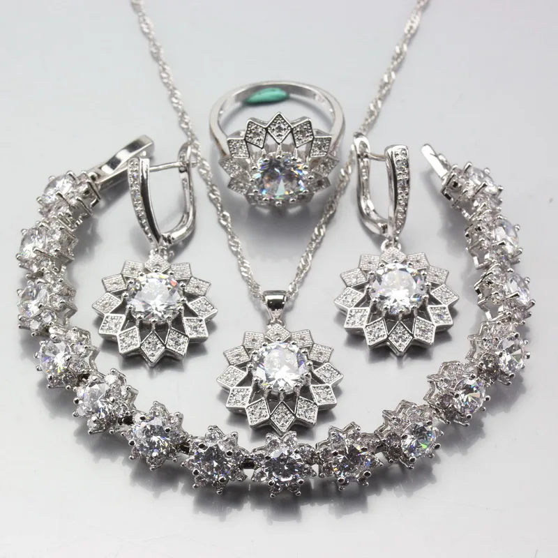 

7-Color Round Flower 925 Sterling Silver White Zircon Jewelry Sets Earrings Pendant Necklace Bracelet Ring Free Shipping