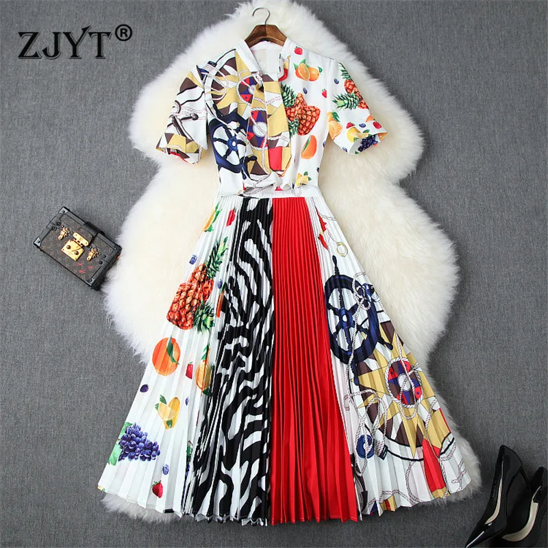 

High Street Fashion Designer Summer Women Skirt 2Piece Set Clothes Bow Collar Fruit Print Top Pleated Skirts Matching Set Outfit
