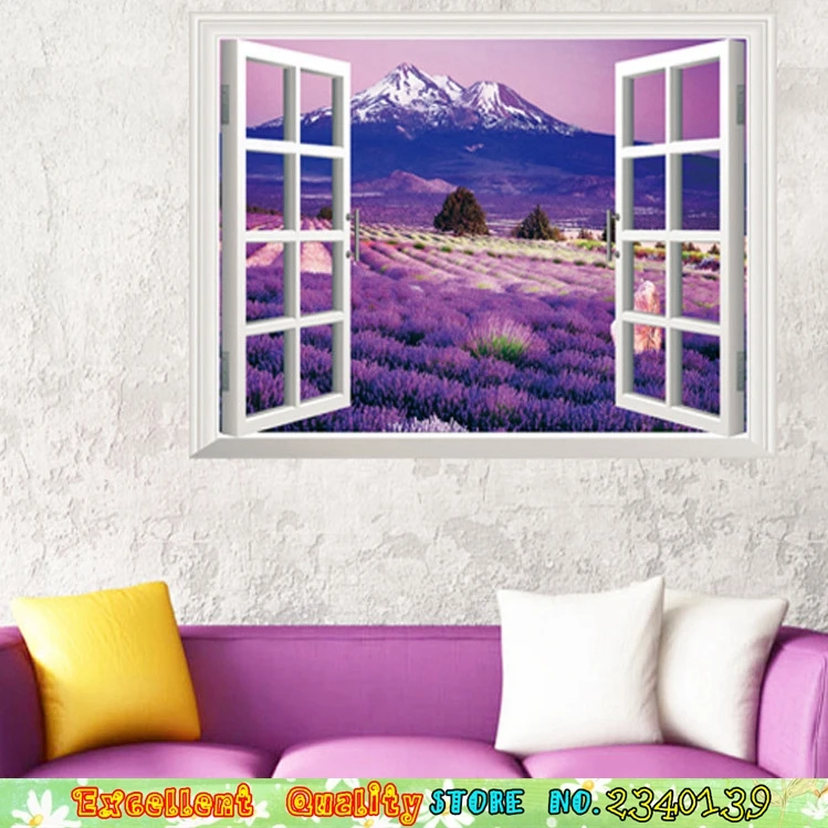 3D Window Scenery Wall Stickers Purple Lavender Flower Ice Mountain
